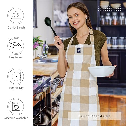 Image of Encasa XO Cotton Cooking kitchen Apron for Women and Men chef apron With adjustable neckstrap, Pocket & Towel Holder for Easy cooking, Baking, BBQ, Gardening- Buffalo Beige Checks, 68x85 cm