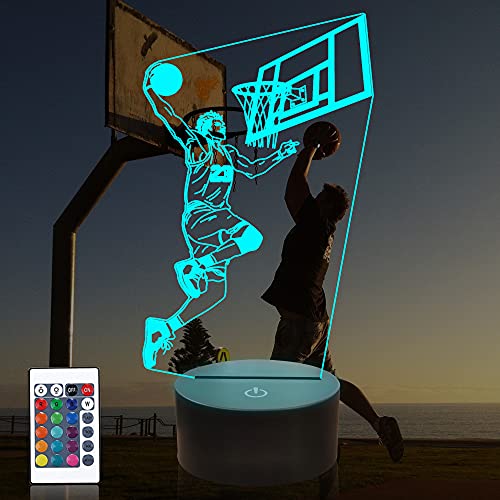 Veilleuse 3D en ammonite pour joueur de basket-ball, lampe illusion 3D pour enfants, 16 couleurs changeantes avec télécommande, décoration de chambre d'enfant d'anniversaire pour garçons et filles Cover