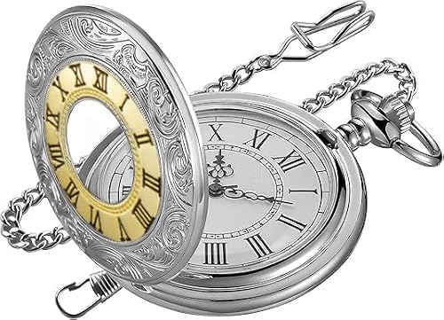 Tiong Pocket Watch Roman Numerals Scale Vintage Quartz Pocket Watches with Chain Christmas Graduation Birthday Gifts Fathers Day(Silver Gold)