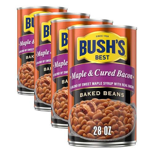 Image of BUSH'S BEST Maple Cured Bacon Baked Beans, Good Source of Protein & Fiber, Fat Free, Gluten Free, 28 Oz (Pack of 4)