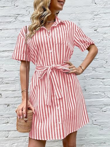 ebossy Women's Boho Striped Shirt Dress Button Up Contrast Color Swing A Line Mid Long Dress with Belt3