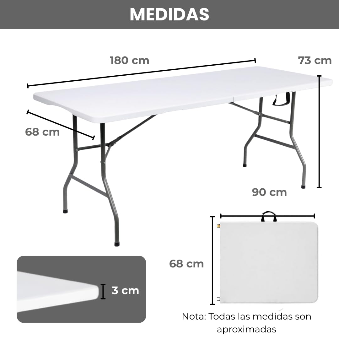 edihome Mesa Plegable 180x68x74 cm para Comedor, Camping, Jardín y Catering – Mesa Portátil Resistente para Interior y Exterior, Fácil de Transportar (Blanco)