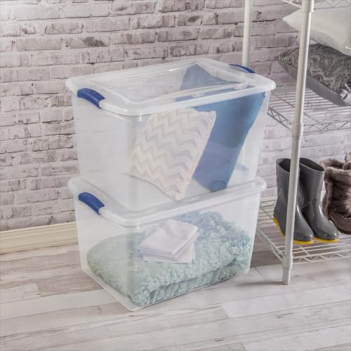Image of Storage Bins 66 Qt Clear Latching Lid Stackable 6 Pack for Closet. | Clear Construction with Color Latches - Easy to see contents without opening. Color latches keep lids securely attached.