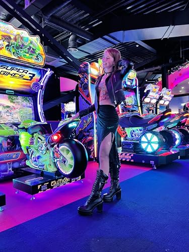 richealnini Platform Biker Riding Boots for Women Front Lace Up Punk Boots with Side Zipper and Block Heels3