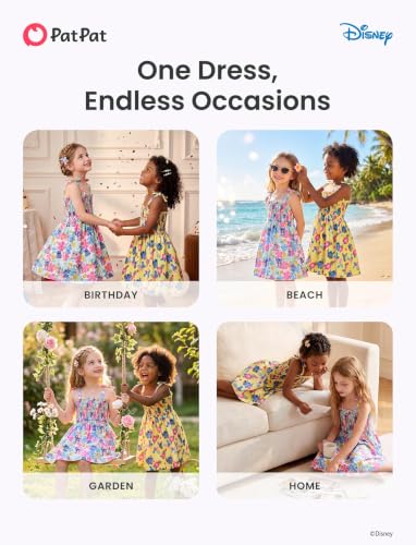Image of Disney Princess Frozen Elsa Minnie Stitch Toddler Girl Dress Bow Tie Straps Smocked Summer Outfit Birthday Party Clothes 2-9Y
