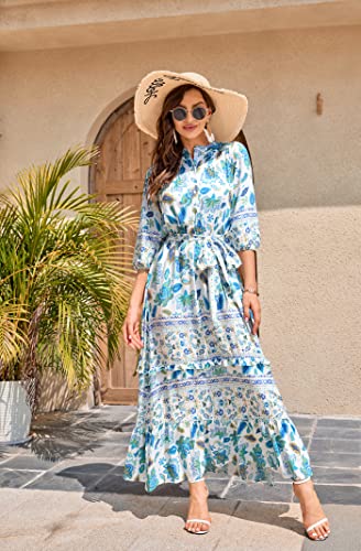 Image of Women Boho High-Waist Floral Print Maxi Dress 3 /4 Sleeve Casual | Soft Rayon, Breathable, Quick-Dry. High-Waist with Adjustable Belt, Flattering Hem. Ideal for Beach, Work & Dating.