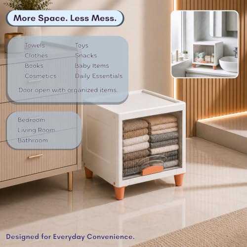 Image of HoopVool Foldable Storage Cabinet, Stackable Plastic Storage Box with Front Opening Door, Dustproof Organizer for Clothes, Toys, Books, Bathroom & Bedroom (1-Tier (33 X 38 X 33 CM))