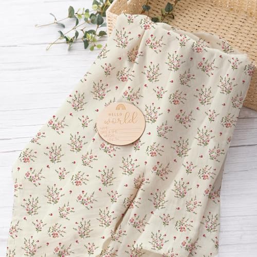 Image of Newborn Swaddle Set with Matching Hat and Headband Bow, Wooden Birth Announcement Card, Muslin Baby Swaddle Blankets for Girls, Wildflower Pattern