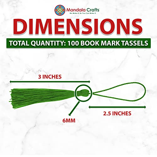 Image of Mandala Crafts Small Green Bookmark Tassels - 100 Bulk Silky Mini Craft Tassels with Loops for Bookmarks, Jewelry Making, Graduation Decorations, and Keychains