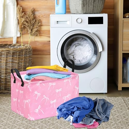 Image of Baby Storage Basket Nursery Box Laundry Hamper Organization Bins for Toys and Clothes with Handles (Pink Bow)