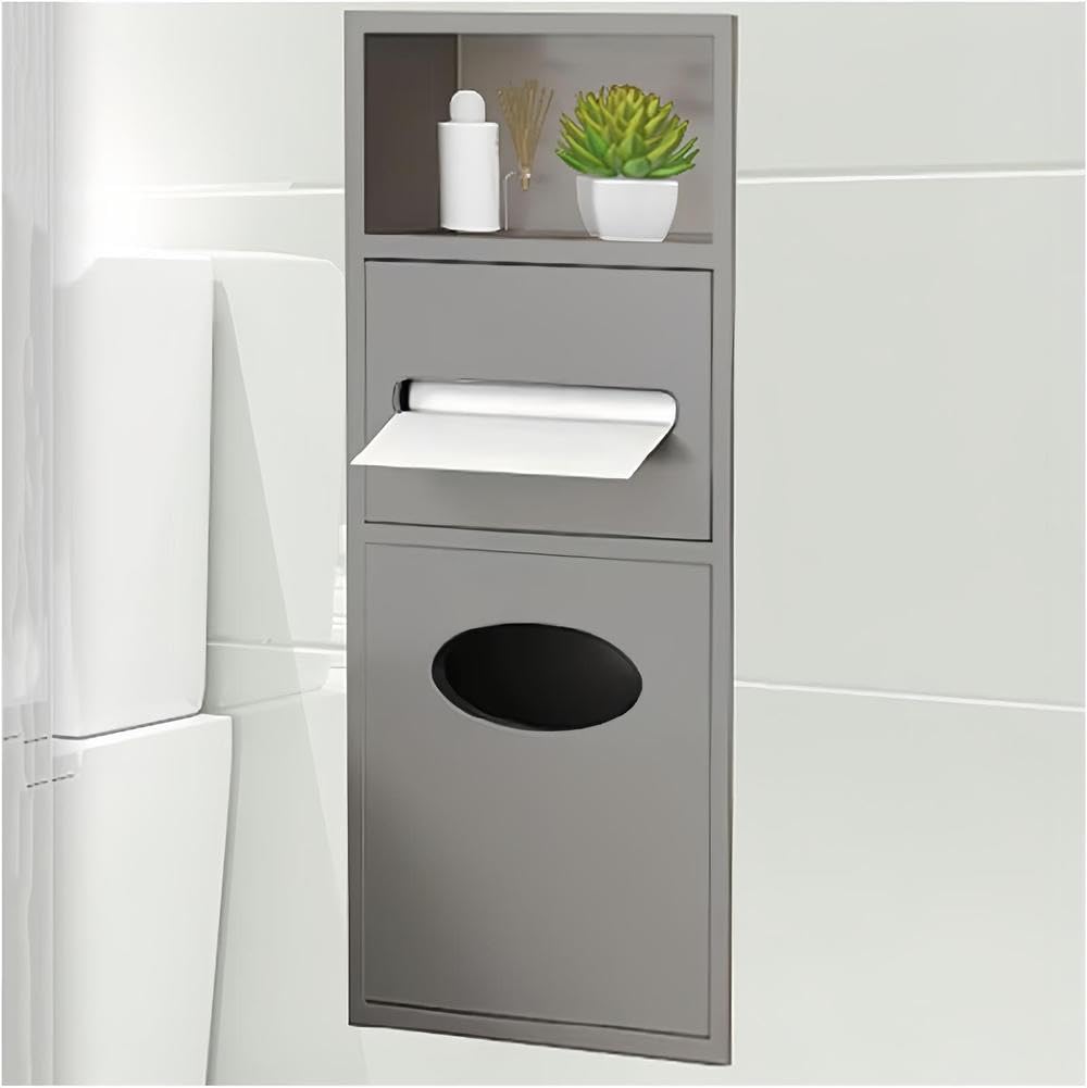 TIANQIHAO Stainless Steel Shower Niche With Built-In Trash Can And Toilet Paper Holder, Space-Saving Bathroom Storage For Homes, Restaurants, Hotels,Black-63X20X13.5cm