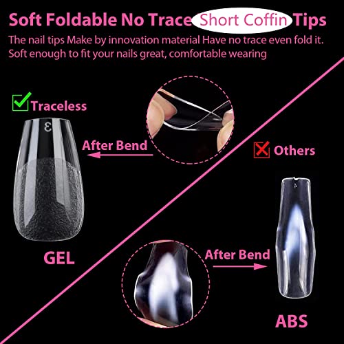 Image of UNA GELLA Short Coffin Gel Nails Tips 12 Sizes 120Pcs Pre-etched Full Cover | Half Matte Soft Gel Nail Tips Acrylic Clear False Nails for Nail Extensions DIY Salon Long Lasting