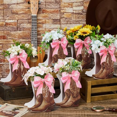 Image of 12 Set Brown Western Cowboy Bow Boots Flower Boxes Centerpiece Boot Shape Gift Boxes Western Party Decoration Vase Centerpiece for Table Boots for Rodeo Birthday Baby Shower Wedding Supplies