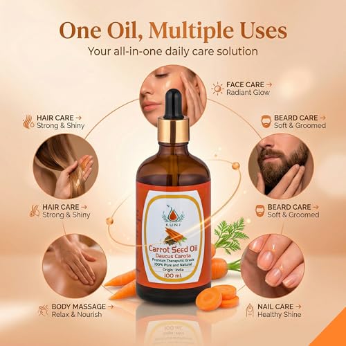 Image of KUNJ Carrot Seed Oil 100ml | 100% Pure & Natural Cold Pressed Oil | Undiluted Beauty Oil for Glowing Skin, Face Nourishment, Skin Hydration & Daily Skincare Use