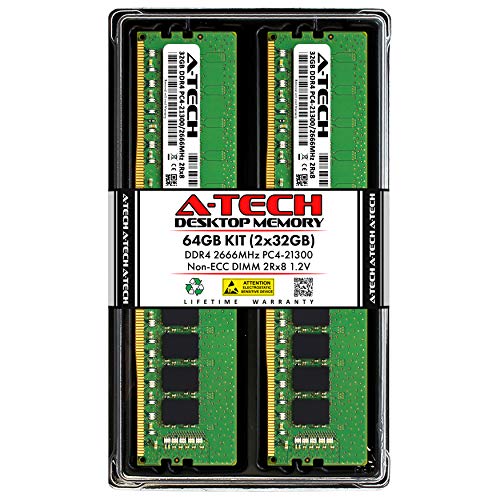 Image of A-Tech 64GB (2x32GB) DDR4 2666MHz DIMM PC4-21300 UDIMM Non-ECC CL19 2Rx8 1.2V 288-Pin Desktop Computer PC RAM Memory Upgrade Kit