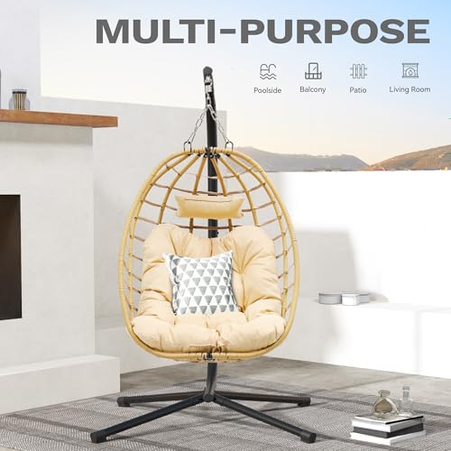 DWVO Egg Hanging Swing Chair with Stand Egg Chair Wicker Indoor Outdoor Hammock Egg Chair with Cushions 330lbs for Patio, Bedroom, Garden and Balcony, Beige
