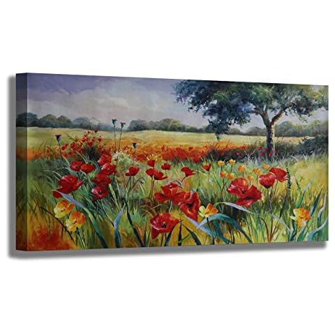 Wall Decor for Living Room Large Wall Art Green Trees Red Yellow Flowers Canvas Art Wall Decor for Bedroom Modern Home Decor Framed Wall Art Nature Prints Artwork Living Room Wall Decorations 24x48 Cover