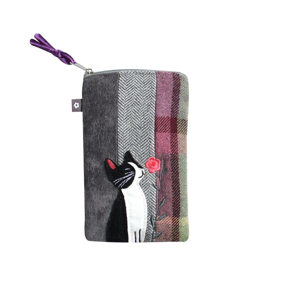 Earth Squared Fair Trade Tweed Appliqué Eyeglass Case Zip Glasses Holder (Cat and Flower Applique)