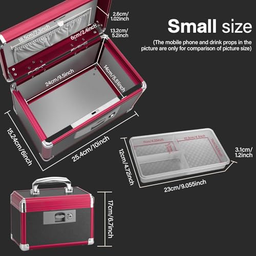 Image of Small Medication Lock Box with Key (10 inchx6 inchx6.7 inch) - Childproof Aluminum Medicine Storage Safe for Prescriptions & First Aid - Secure Portable Pill Organizer for Travel, Home (Black & Red)