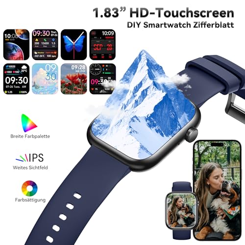 Smartwatch Damen Herren, 1.83" HD Fitness Tracker mit Schrittzähler/Blutdruckmessung/Pulsuhren/Telefonfunktion, Schlaftracker… – Ansicht 6