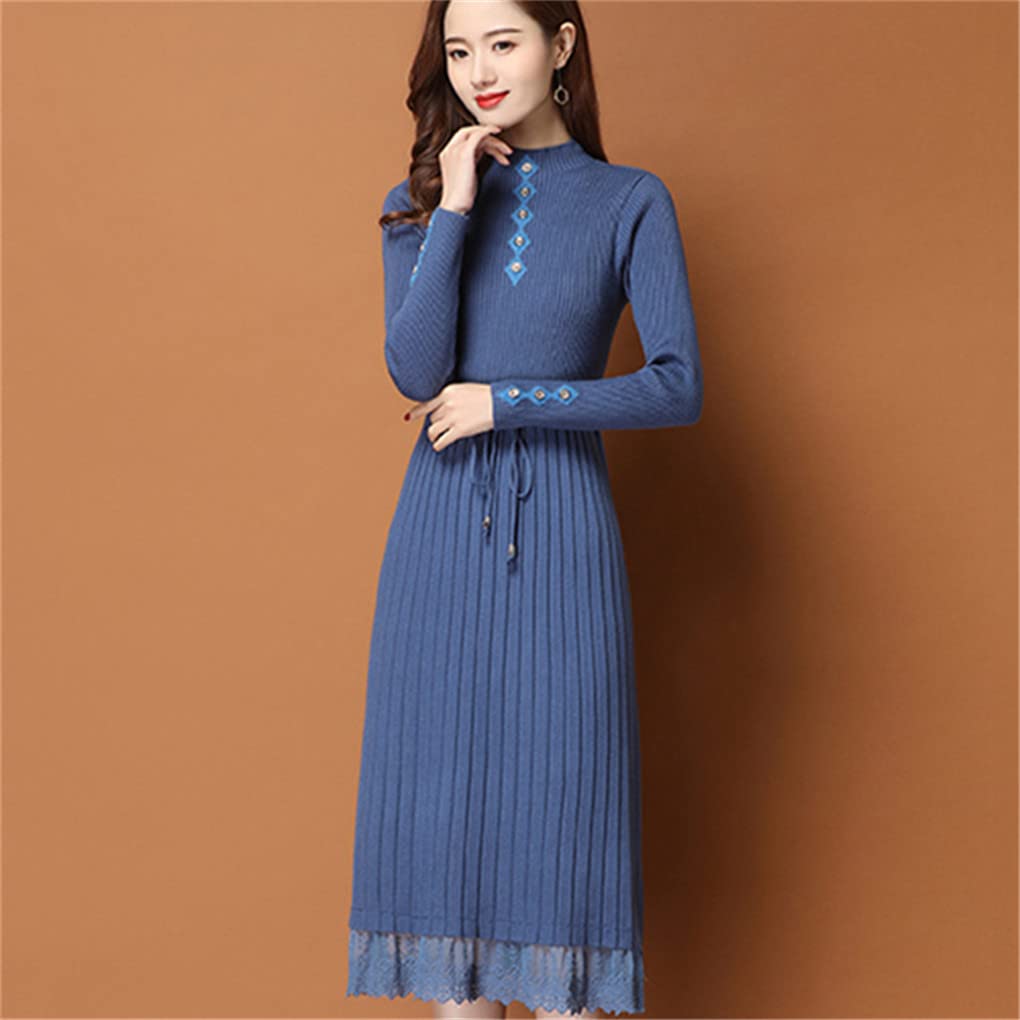 Suvoiier Otoño Invierno Vintage Encaje Vestido Mujeres Bodycon Fiesta Negro Vestido Maxi Vestido, azul, XXL