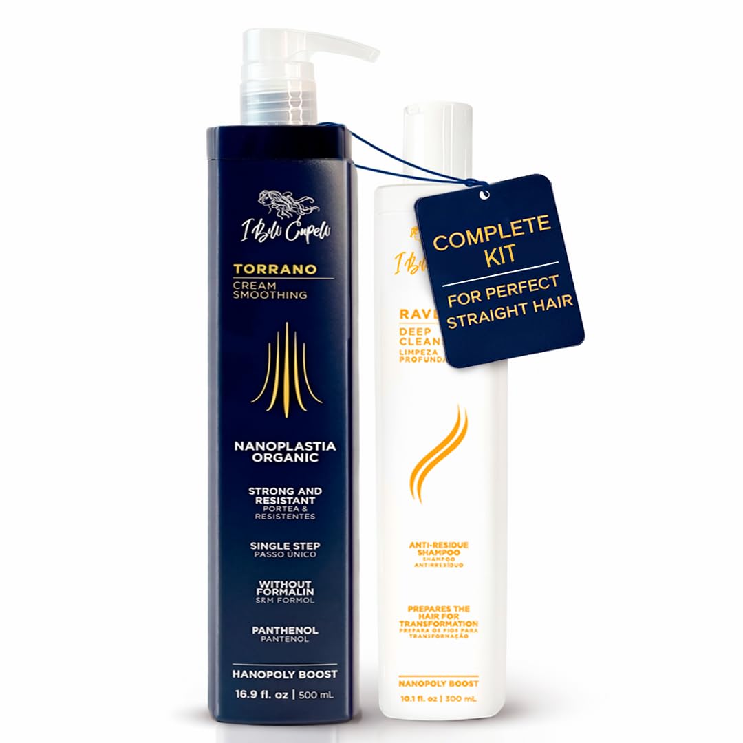 I Belli Capelli Torrano Keratin-Haarbehandlung 1-Schritt-Glättung, formaldehydfrei – Nanoplastia zum Haarglätten 500 ml (16.9 fl.oz) + Tiefenreinigendes Shampoo 300 ml (10.1 fl.oz)