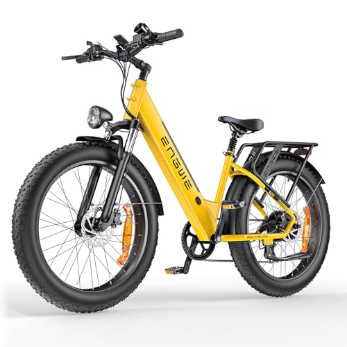 ENGWE E26 Bicicleta Eléctrica para Adultos, 26'x4.0' Fat Tire, Bicicleta de Montaña Eléctrica de 250W, Batería de 48V 16Ah, Alcance de hasta 140KM, 7 velocidades, (Step-Thru, Amarillo)
