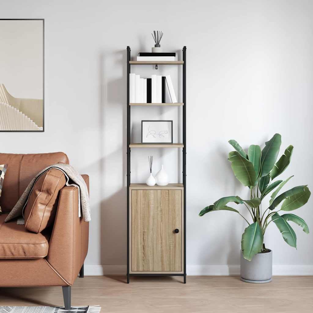 Regał na książki dąb Sonoma 40 x 24 x 161 cm, materiał drewnopochodny, 6 przegródek, 1 drzwi, wytrzymały regał stojący na książki, dekoracja, domowe biuro, nowoczesne wzornictwo