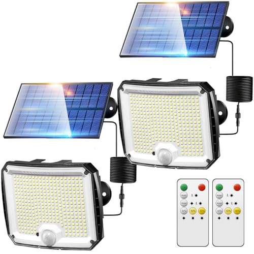PIKOY Luces Solares Led Exterior Jardin, 【2 Paquete 318LED/10M/5Modos】 Luz Exterior con Sensor de Movimiento, 2200mAh 8-12 Horas de Uso IP65 Luces Solares Jardin, Lampara Solar Interior Luz Exterior