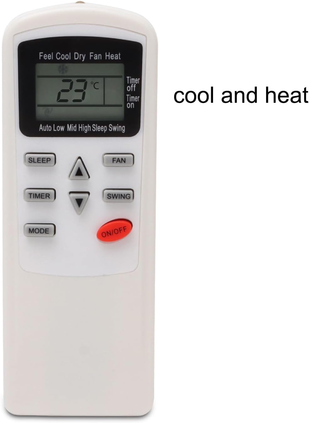 Front view of the universal remote control with 'cool and heat' text