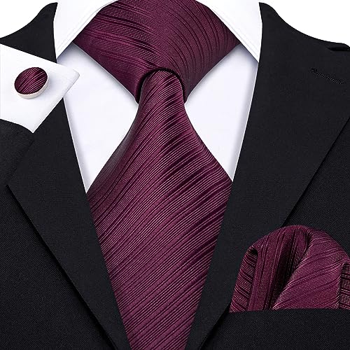 Image of Barry.Wang Solid Striped Tie for Men Silk Necktie Pocket Square Cufflinks Formal Wedding Party Business