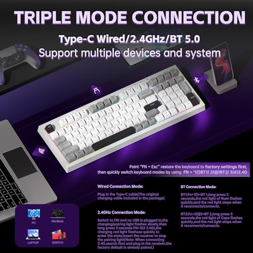 Image of LEOBOG x Aula Wireless Keyboard,98 Keys Silent Computer Keyboards Creamy Color Membrane Keyboard with Number Pad RGB Backlit Rechargeable Quiet Gaming Keyboard for PC Mac Office - K99 Black&White&Grey