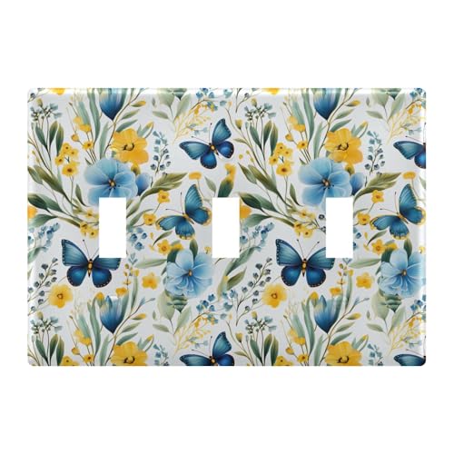 Light Switch Cover Blue Butterfly Floewr Spring Wall Plates for Electrical Outlets 3 Gang 202b3300