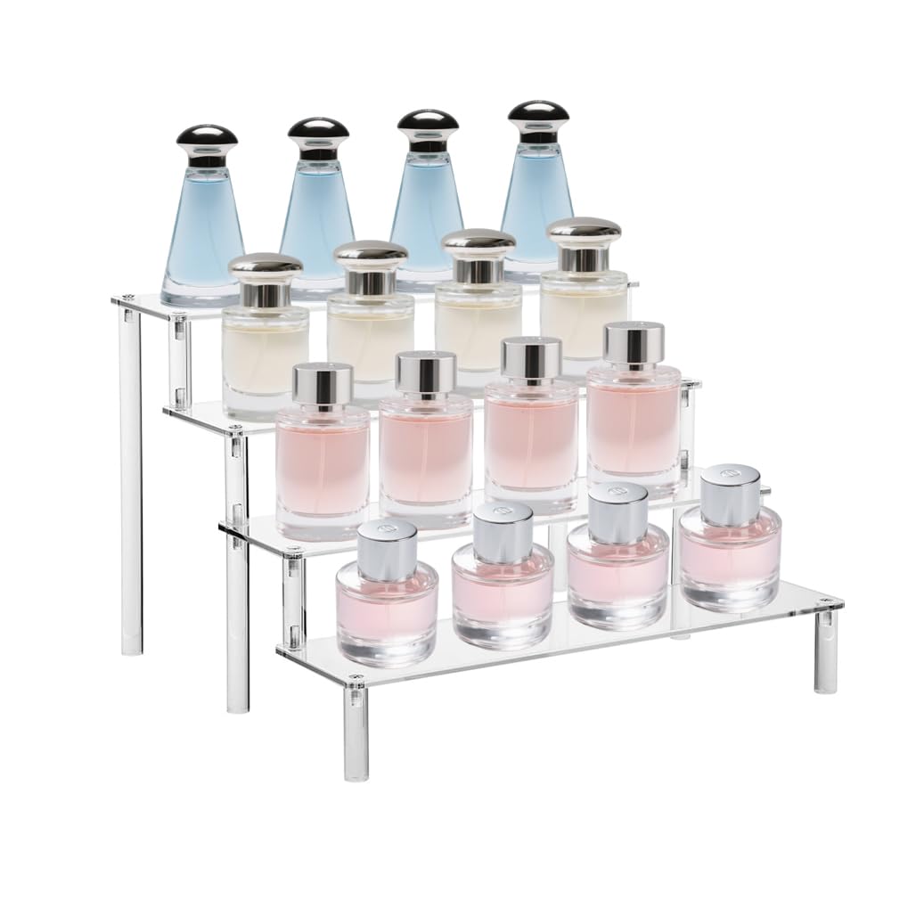 Aowin Clear Acrylic Display Riser Stand,4 Tier Clear Display Shelf,Perfume Organizer Holder,Stand Organizer Rack for Figures,Toys,Jewelry,Cupcakes,Desserts,Tabletop Retail Display Stand