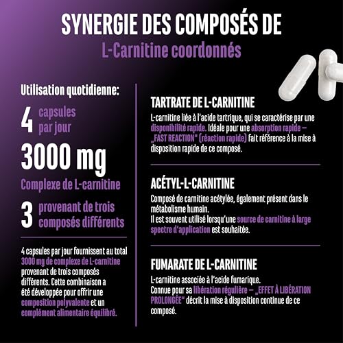 L-Carnitine Triple Complexe - 3000 mg par portion quotidienne – Hautement dosé & végane – Formule premium avec acétyl-, tartrate et fumarate de L-carnitine – 120 gélules – Image 5