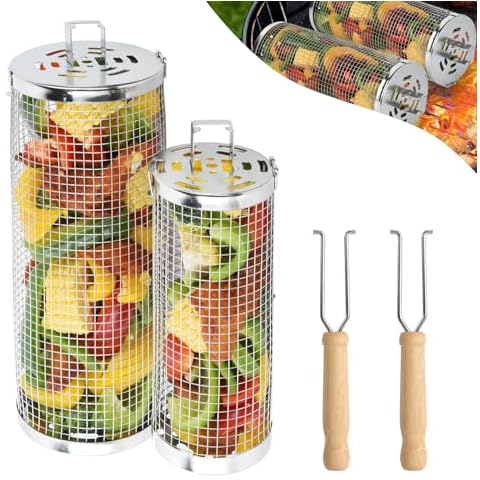 FIRINER 2PCS Grill Baskets for Outdoor Grill BBQ Net Tube Rolling Grilling Basket with Removable Wooden Handle Barbecue Cage Cylinder 304 Stainless Steel BBQ Accessories for Vegetables Seafood Meat Cover