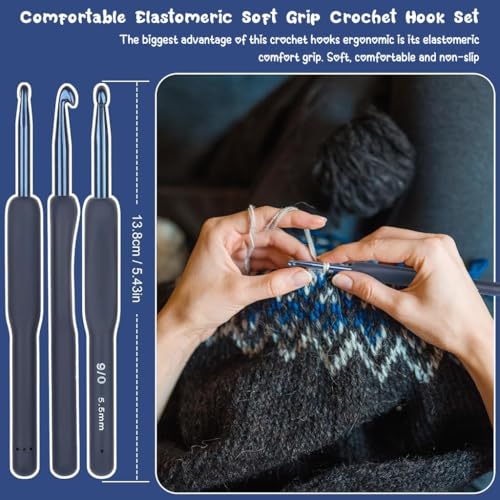 Image of VIRADHAM 9-Piece Ergonomic Crochet Hook Set - Aluminum Crochet Hooks with Soft Grip Handles, Sizes 2.0mm-6.5mm, Dark Blue Crochet Kit for Beginners & Professionals (9Pcs Dark Blue)