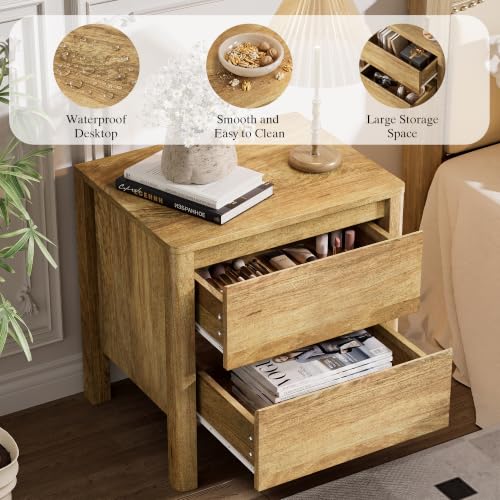 Image of Furniway Nightstands Set of 2, 2 Drawer Nightstand with Wood Legs, Mid-Century Modern Bedside Table with Storage, Wooden End Table for Bedroom, Oak