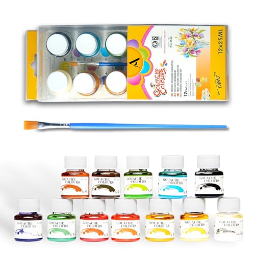 Image of 12 x 25ml Gouache Paint Set with Free Paintbrush - Acid-Free, Non-Toxic Multicolored Artists' Gouache Colors for Painting and Mixed Media