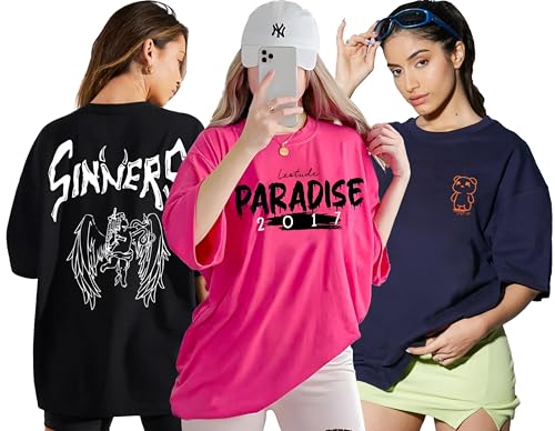 Image of LEOTUDE Women's Cotton Regular Fit Half Sleeve Oversized Tshirt, Round Neck Longline Drop Shoulder | ful Printed Combo T-Shirt (Pack Of 3)