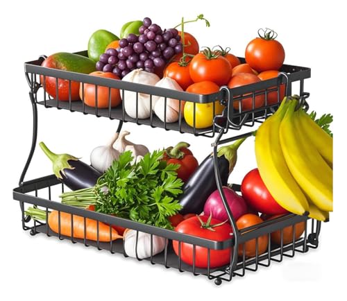 JLLYGOUS Cesto Frutta 2 Livelli, Porta Frutta a Piani con Gancio a Banana, Cesto Portafrutta 2025