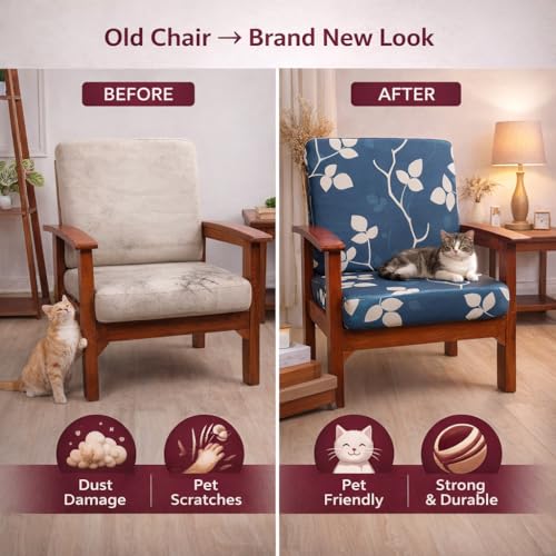 Image of STITCHNEST 'Contour Fit Series' Stretchable Printed Wooden Sofa Cover (Pack of 2) - Elastic Wooden Chair Cover | Wooden Sofa Seat Cover | Size - 20-21 x 20-21 x 3-5 in