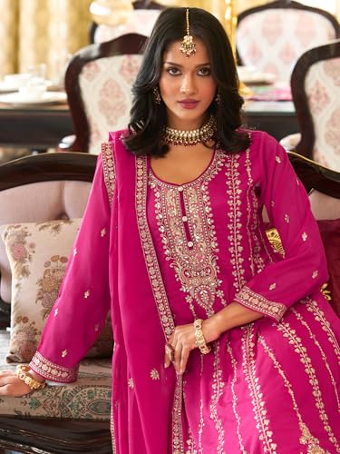 Image of INDO ERA Women's Anarkali Chinon Ethnic Motifs Embroidered Kurta & Palazzo with Dupatta Set (IEOUT10822)