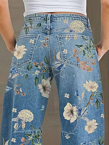 Flamingals Barrel Jeans for Women Trendy Mid Rise Floral Printed Cropped Jeans Relax Fit Stretch Denim Ankle Pants3