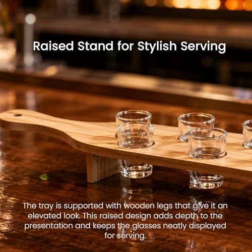 Image of Go Hooked Wooden Shot Glass & Paddle Set with 6 Glasses (30 ml Each), Serving Paddle Board with Holder Stand, Table Presentation Set for Parties, Gatherings, Hosting & Celebration Decor