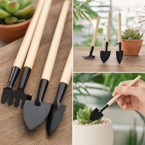 Set de 3 mini herramientas de jardín con mango de madera miniatura 3