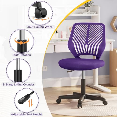 Image of Yaheetech Student Desk Chair, Low-Back Armless Study Chair with Lumbar Support, Adjustable Swivel Office Chair for Home Bedroom School, Purple
