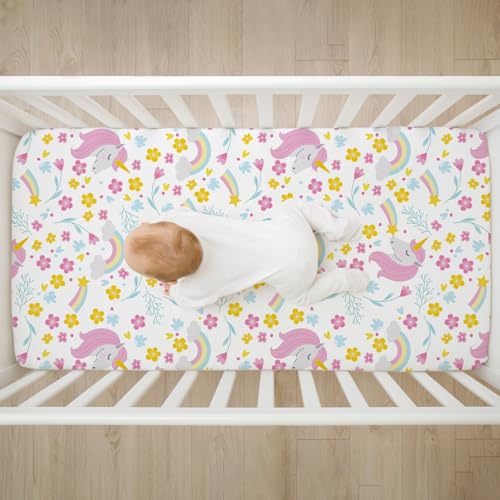 Image of 4 Pack Unicorn Baby Girl Crib Sheet Set, Rainbow Soft Breathable Fitted Pink Purple Crib Sheet, Cute Princess Nursery Decor for Standard Crib and Toddler Bed Mattresses 28 x 52 in