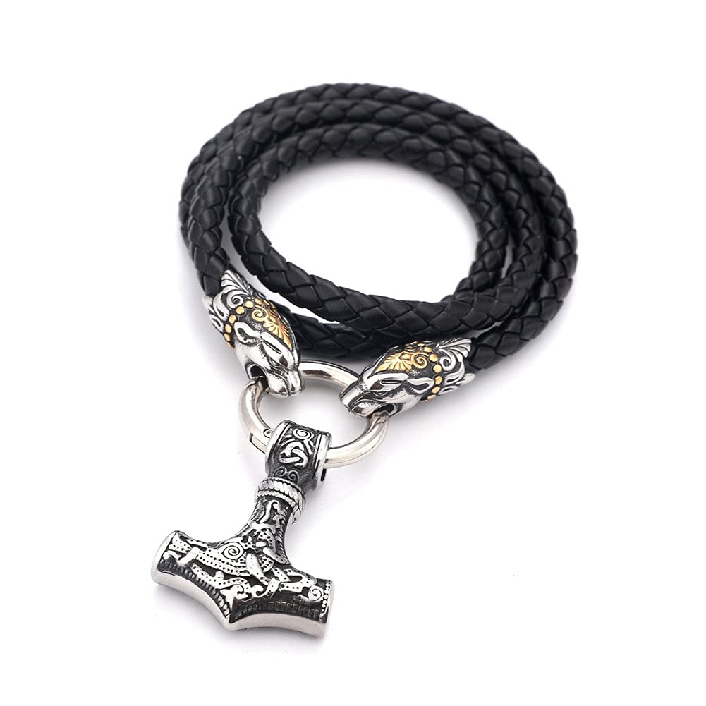 WYPAN Viking Thor's Hammer Pendant with Stainless Steel Wolf Head Leather Braided Chain, Norse Mythology Odin Celtic Knot Men Mjolnir Necklace Amulet Jewelry