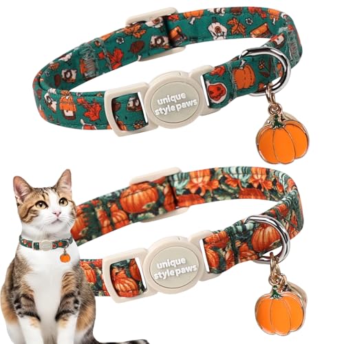 Unique style paws 2 Pack Autumn Halloween Kitten Collar Breakaway with Bell&Pendant Adjustable Safety Oil Painting Pumpkin Party Cat Cotton Collar for Girl Boy Cat and Small Pet